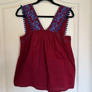 J. Crew embroidered burgundy pom pom top